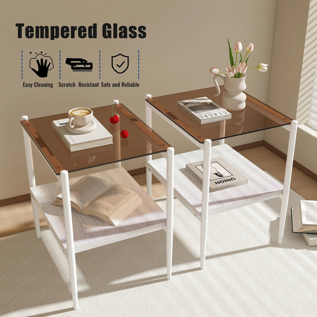 New Two White Side Tables Sets Tempered Glass Tabletop with MDF Layer for Living Room Furniture