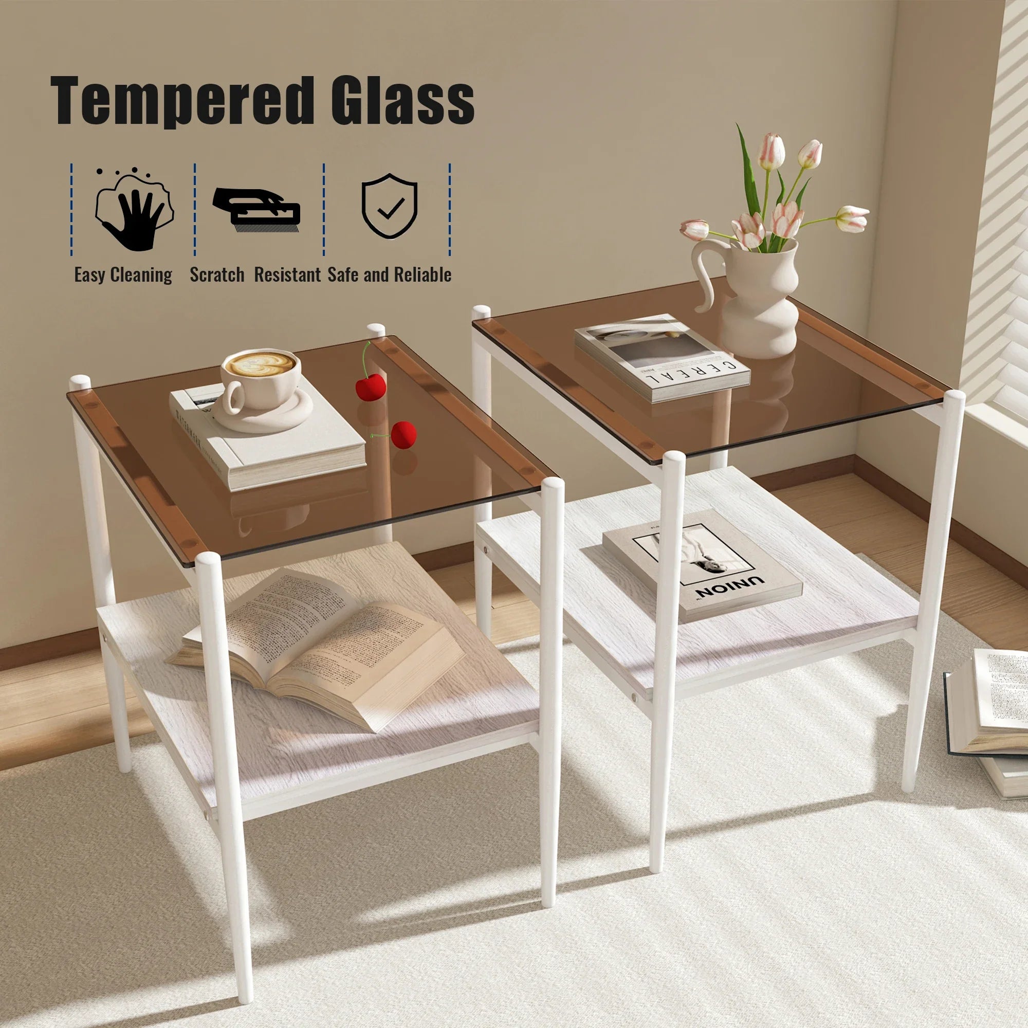 New Two White Side Tables Sets Tempered Glass Tabletop with MDF Layer for Living Room Furniture