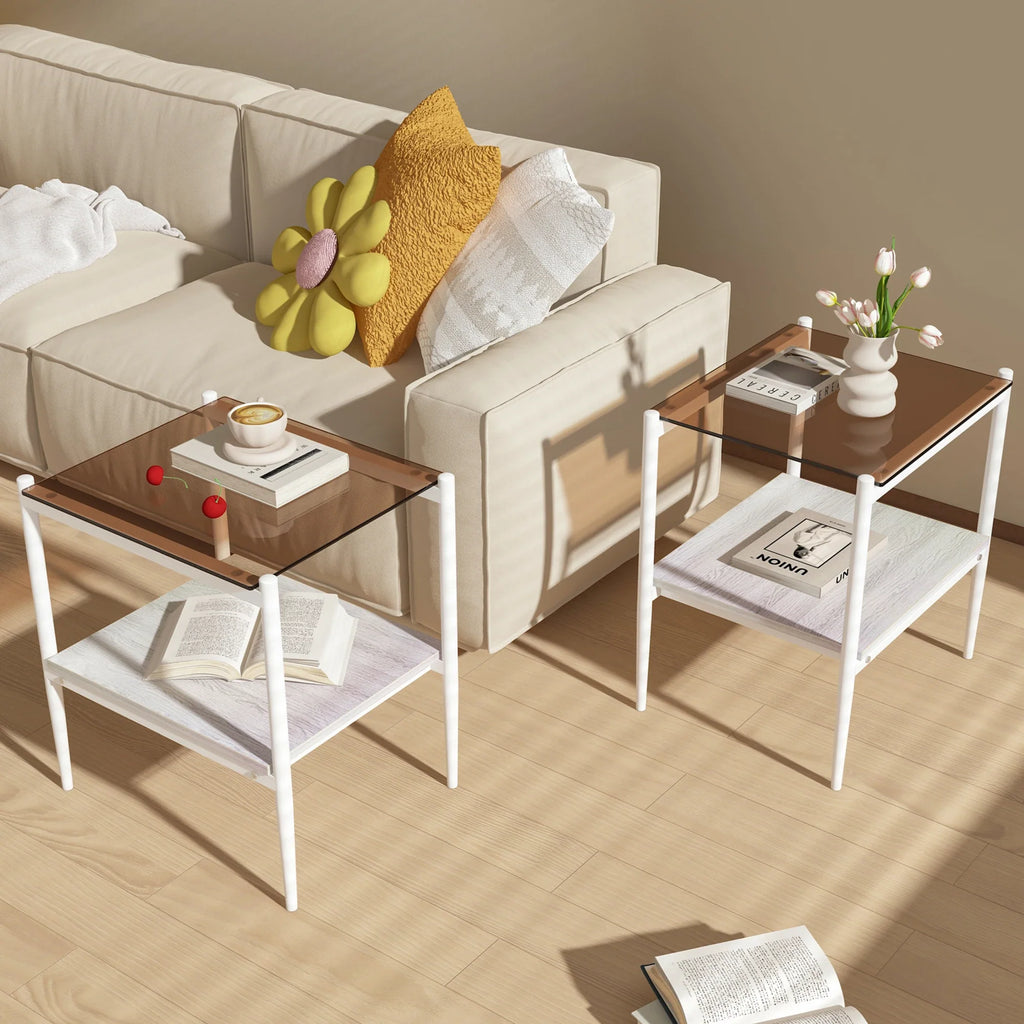 New Two White Side Tables Sets Tempered Glass Tabletop with MDF Layer for Living Room Furniture