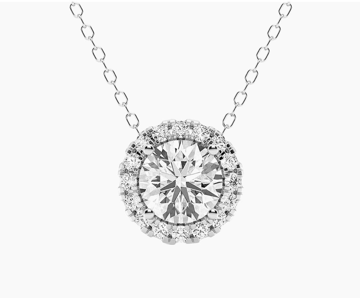 AGI Certified Lab-Grown Diamond Halo Pendant Necklace in 14kt White Gold – 1 CTW or 2 CTW
