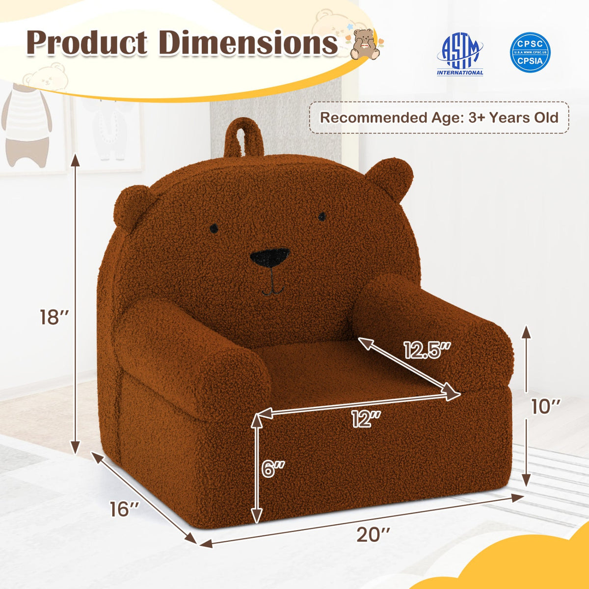 Kids Bear Sofa Toddler Foam Couch with Soft Fleece Fabric Cover