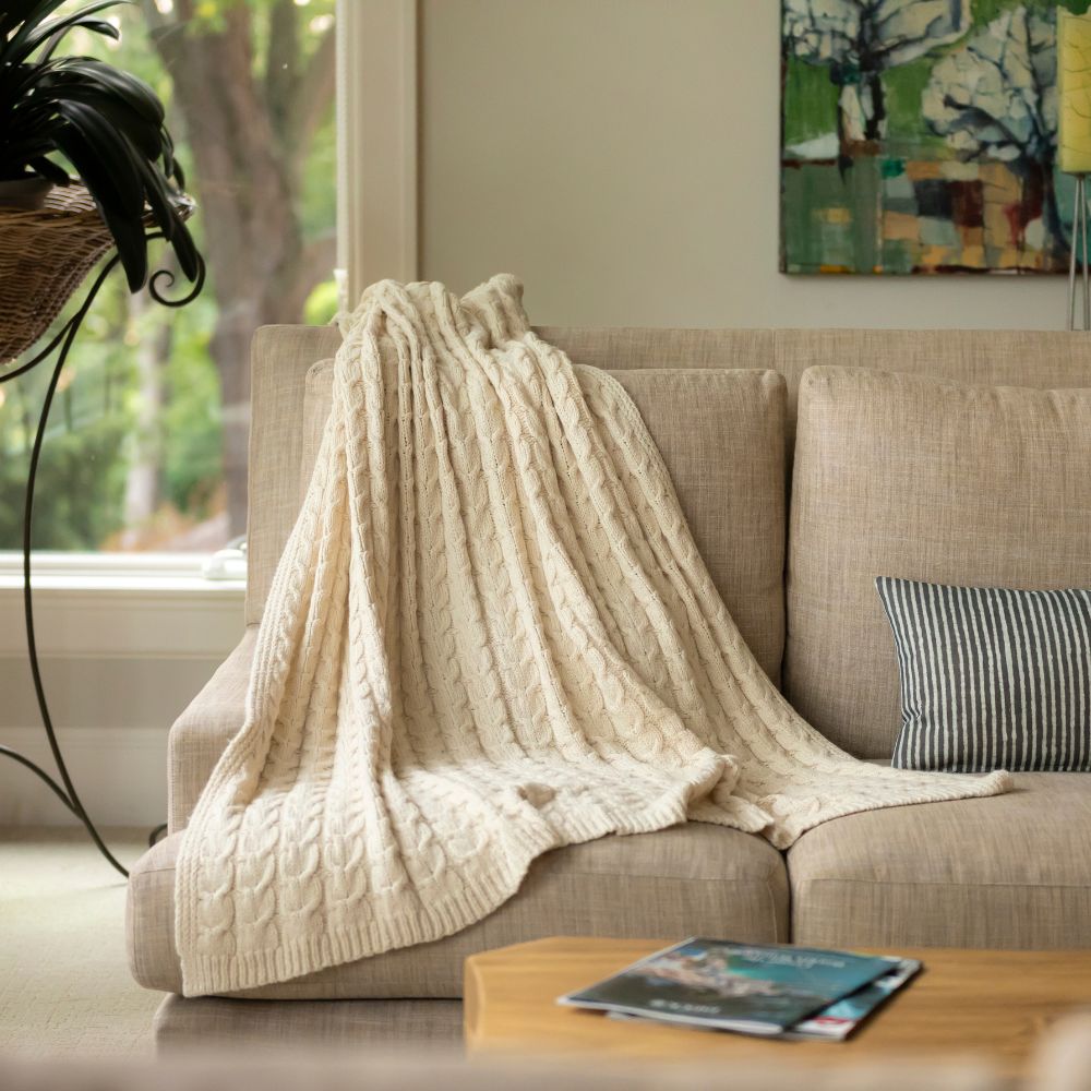 Handloomed Peruvian Pima Cotton & Undyed Baby Alpaca Ivory Cable Throw Blanket - Muru Collection