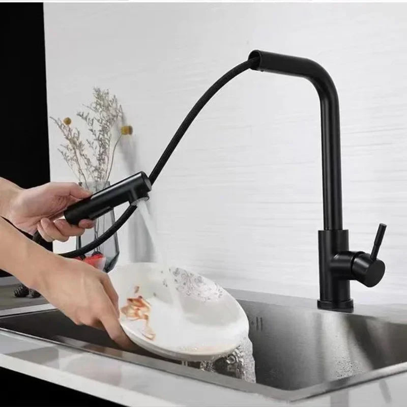 304 Stainless Steel Black Kitchen Faucet Two Function Single Handle Pull Out Mixer Hot and Cold Water Taps Deck Mounted