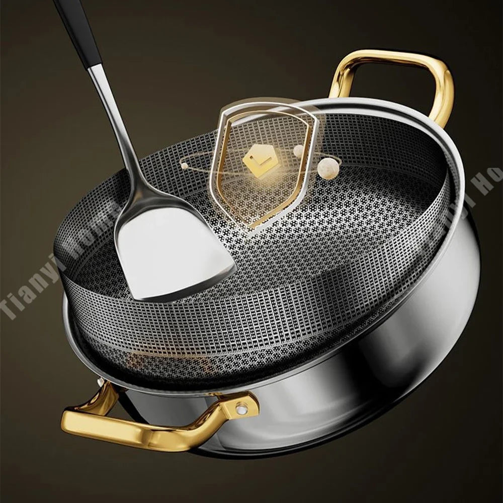 30cm Stainless Steel Frying Pan Non-stick Soup Pot wok with lid Home Honeycomb Induction Cooker Gas Stove Stew Kitchen Cookware
