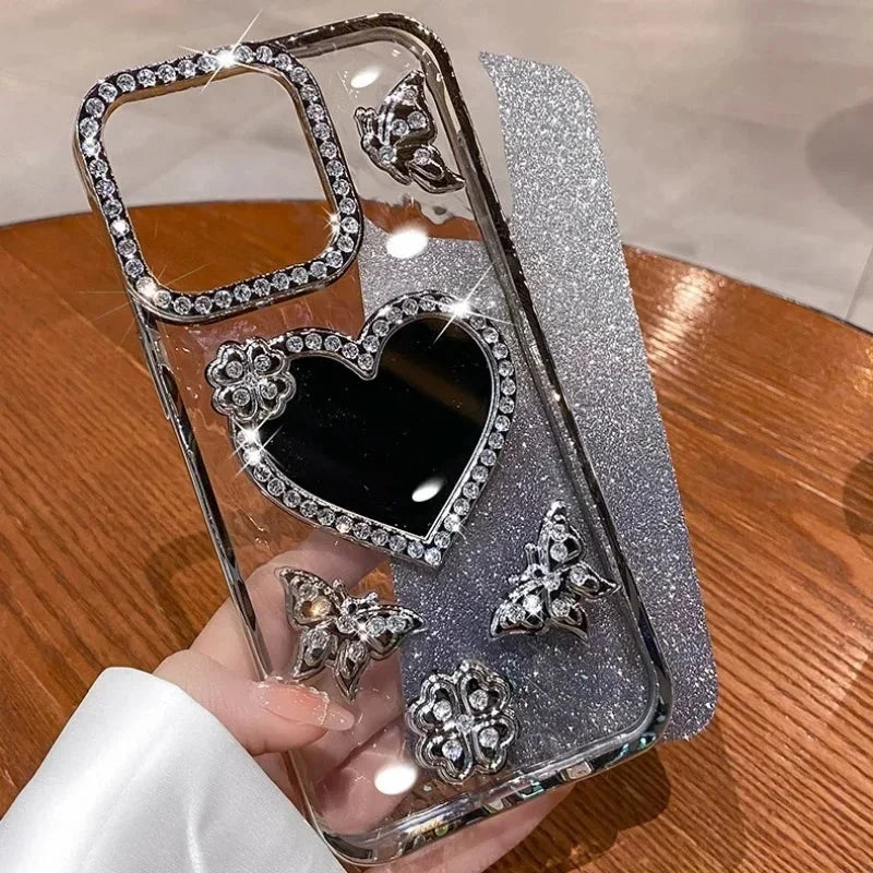Bling Rhinestone Mirror Cover Case for iPhone 16 pro Max 15 plus Glitter Diamond Encrusted Butterfly Design Shockproof Anti-Knock