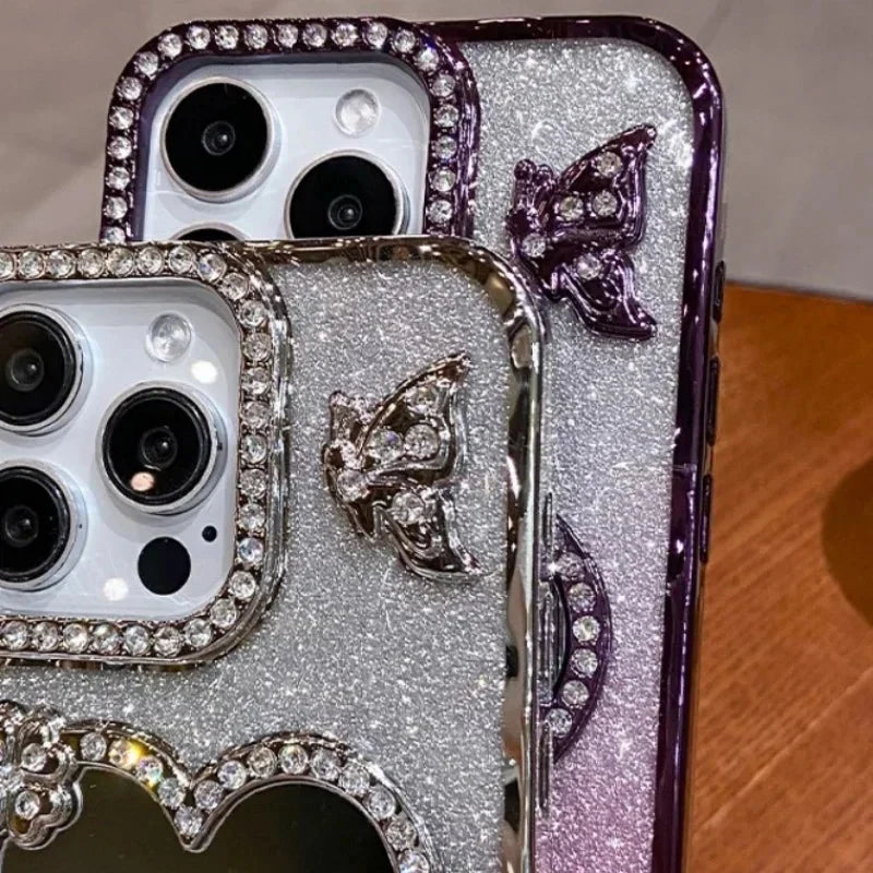 Bling Rhinestone Mirror Cover Case for iPhone 16 pro Max 15 plus Glitter Diamond Encrusted Butterfly Design Shockproof Anti-Knock