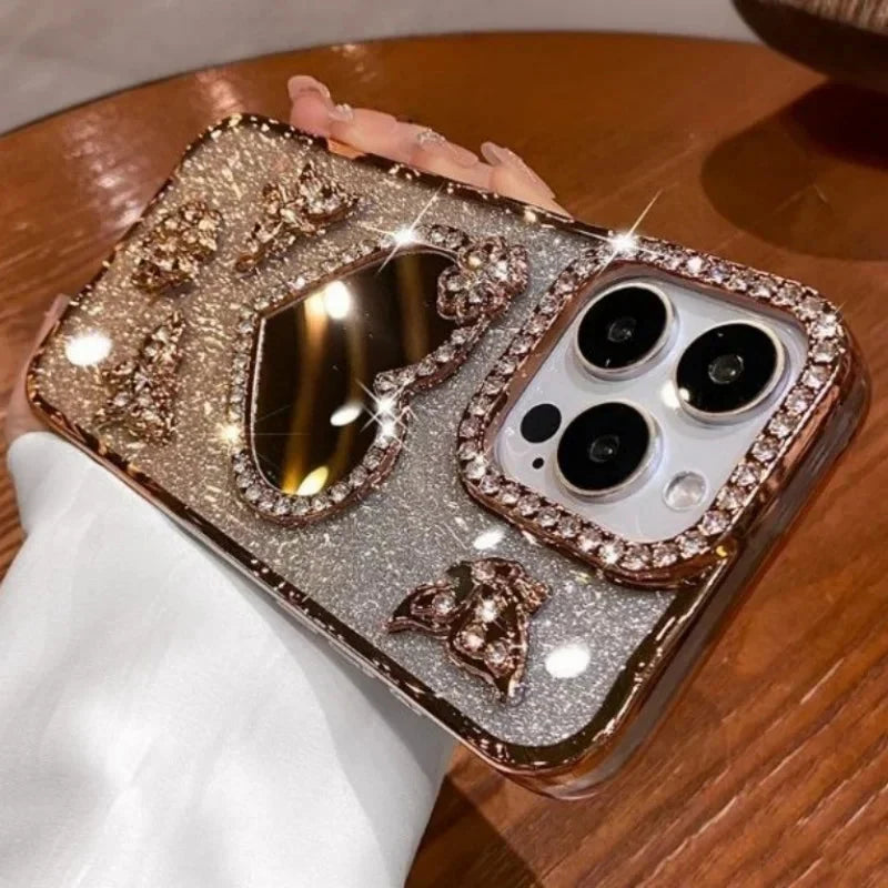 Bling Rhinestone Mirror Cover Case for iPhone 16 pro Max 15 plus Glitter Diamond Encrusted Butterfly Design Shockproof Anti-Knock