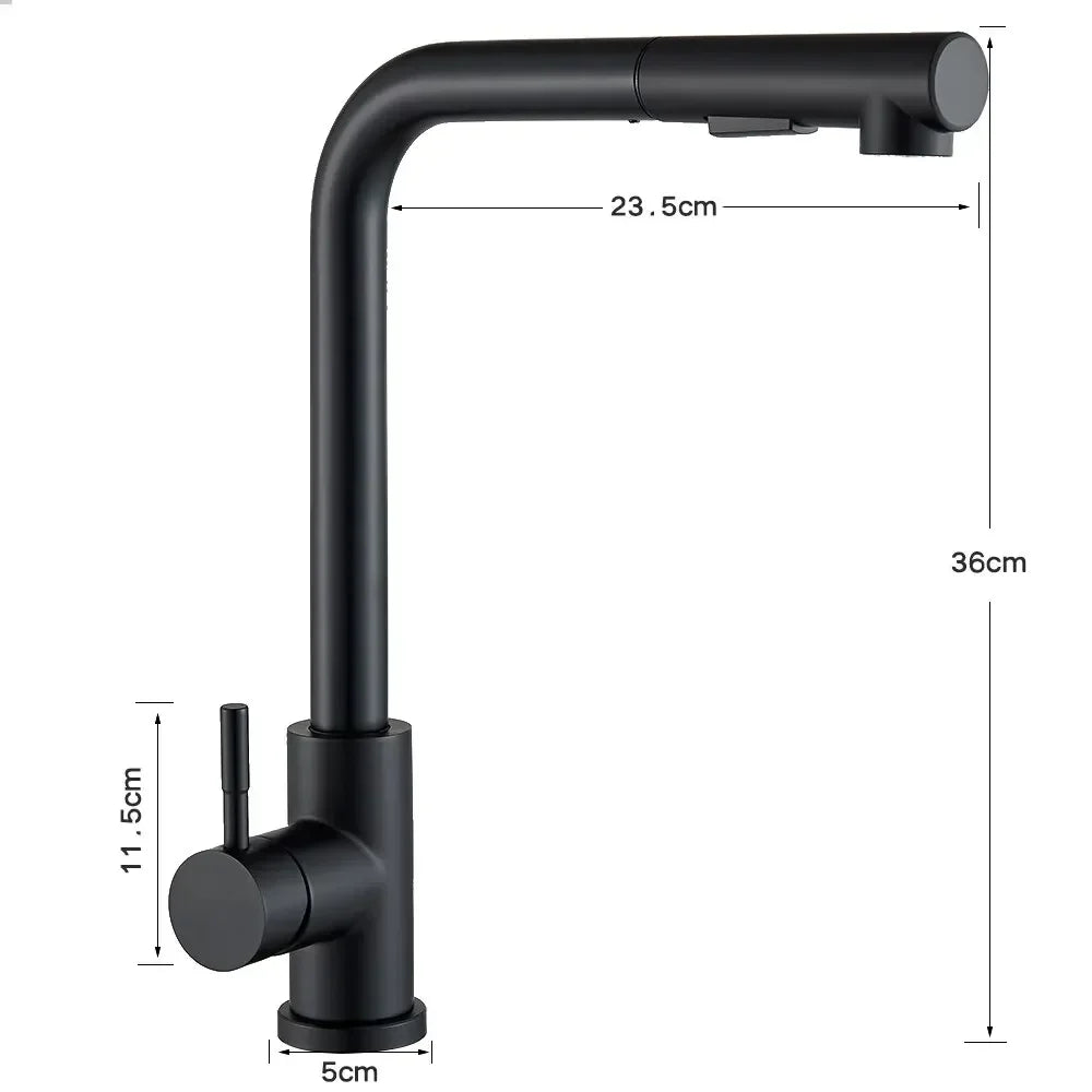 304 Stainless Steel Black Kitchen Faucet Two Function Single Handle Pull Out Mixer Hot and Cold Water Taps Deck Mounted
