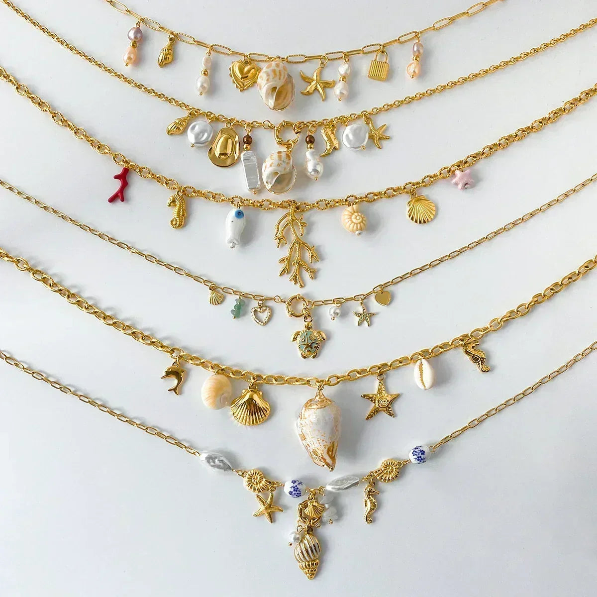Zora Colorful Summer Holiday Style Conch Pendant Necklace Women's 18K Gold-plated Stainless Steel Multi Charm Fashion Jewelry