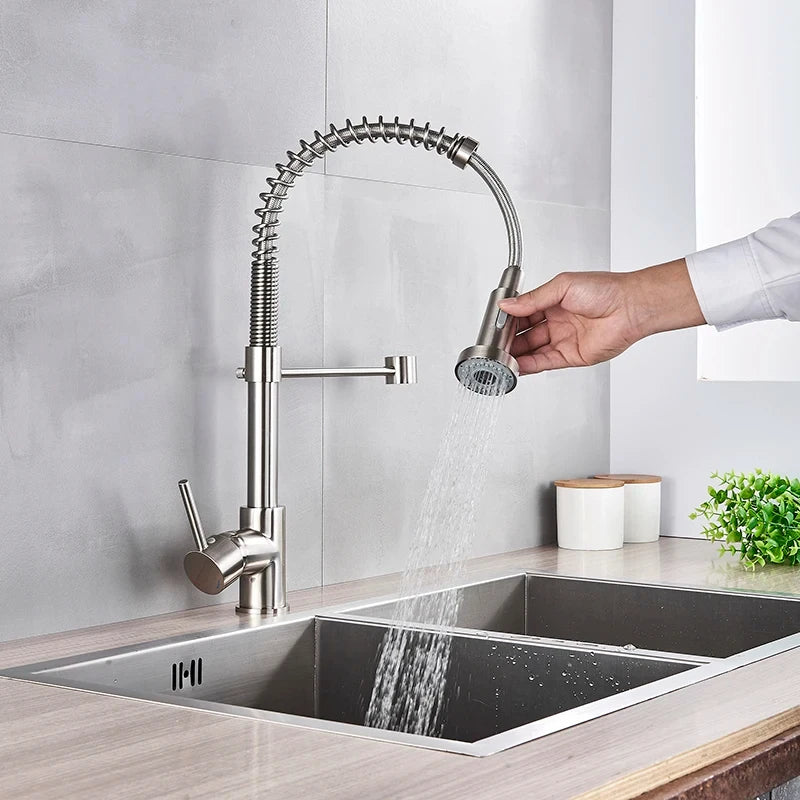 Brushed Nickel Kitchen Faucet Deck Mounted Mixer Tap 360 Degree Rotation Stream Sprayer Nozzle Kitchen Sink Hot Cold Taps Brass