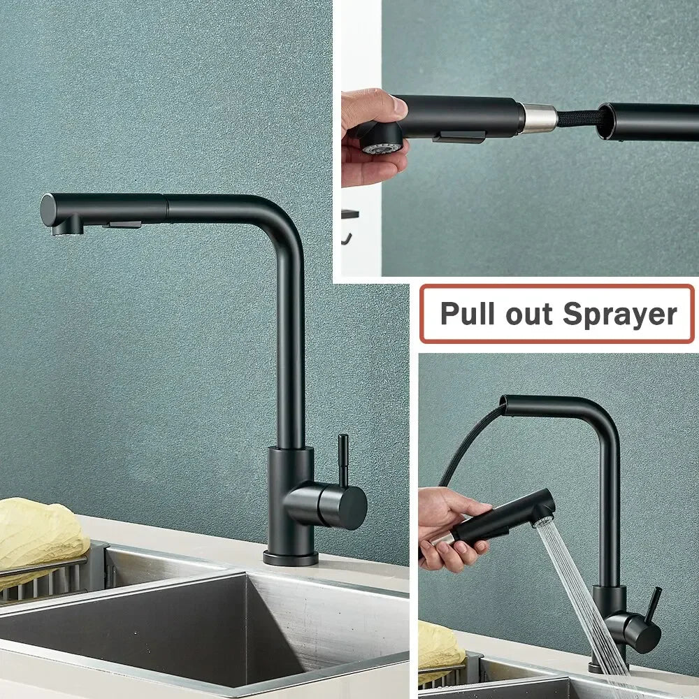 304 Stainless Steel Black Kitchen Faucet Two Function Single Handle Pull Out Mixer Hot and Cold Water Taps Deck Mounted