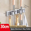Wall Mounted Mop & Broom Organizer Rack with 5 Hooks Strong Mop Holder Self Adhesive for Kitchen Bathroom Cleaning Tools Storage
