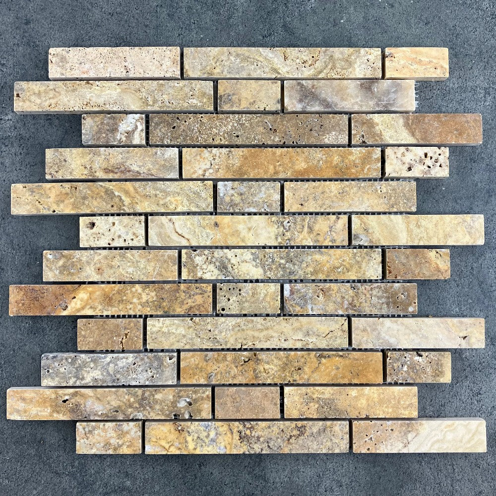 Gold Scabos Travertine Strip Liner Mosaic Tile - Honed 12x12