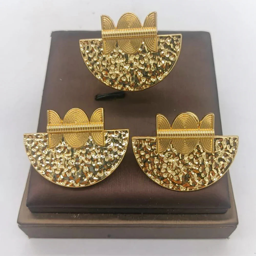 African Gold Color Jewelry Set for Women Statement Design Clip Earrings and Finger Ring 2Pcs Set for Weddings Bride Jewellery