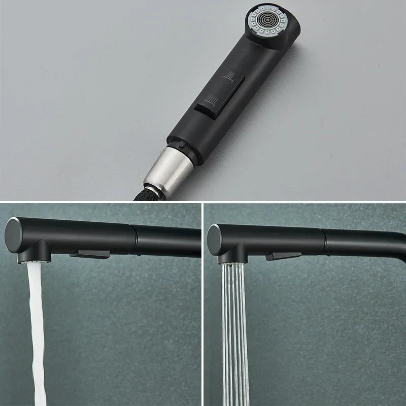 304 Stainless Steel Black Kitchen Faucet Two Function Single Handle Pull Out Mixer Hot and Cold Water Taps Deck Mounted