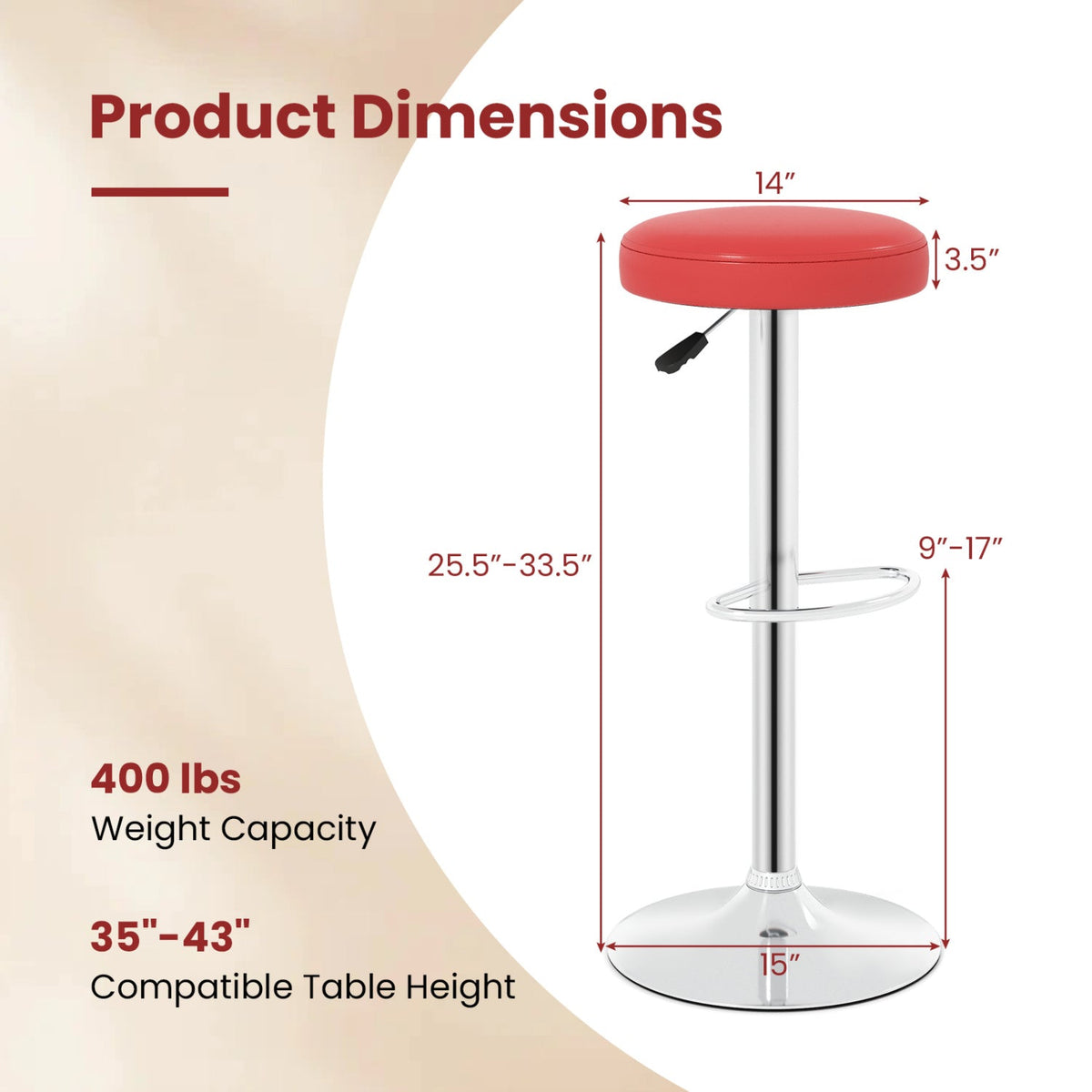Height Adjustable Swivel Bar Stool Set of 2 - Red