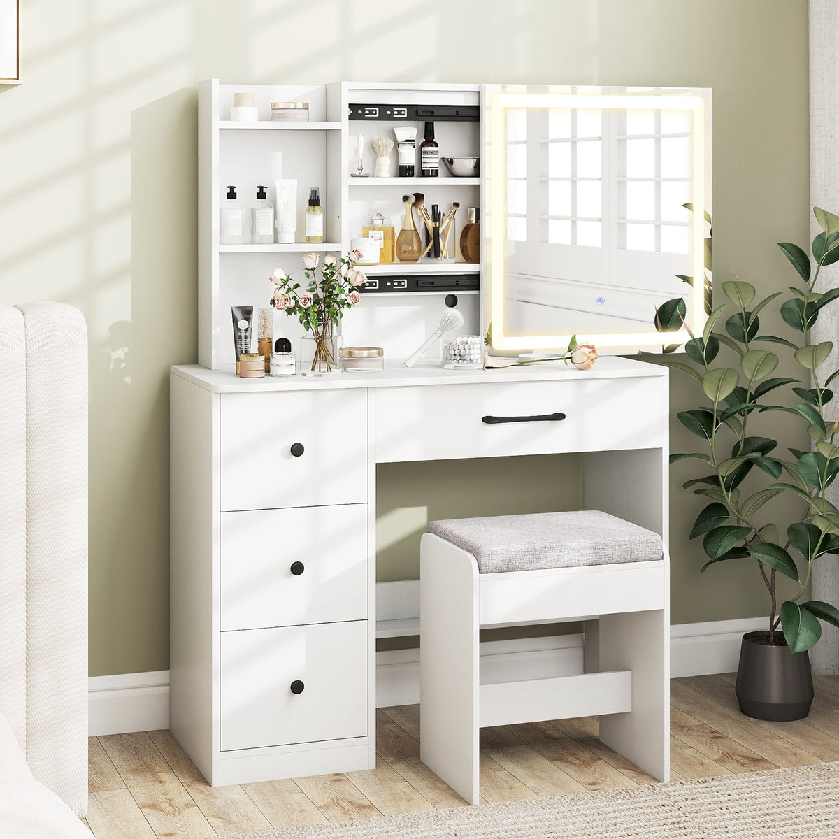 Vanity Desk with Sliding Mirror and Lights Makeup Table and Chair Set with 4 Drawers-White