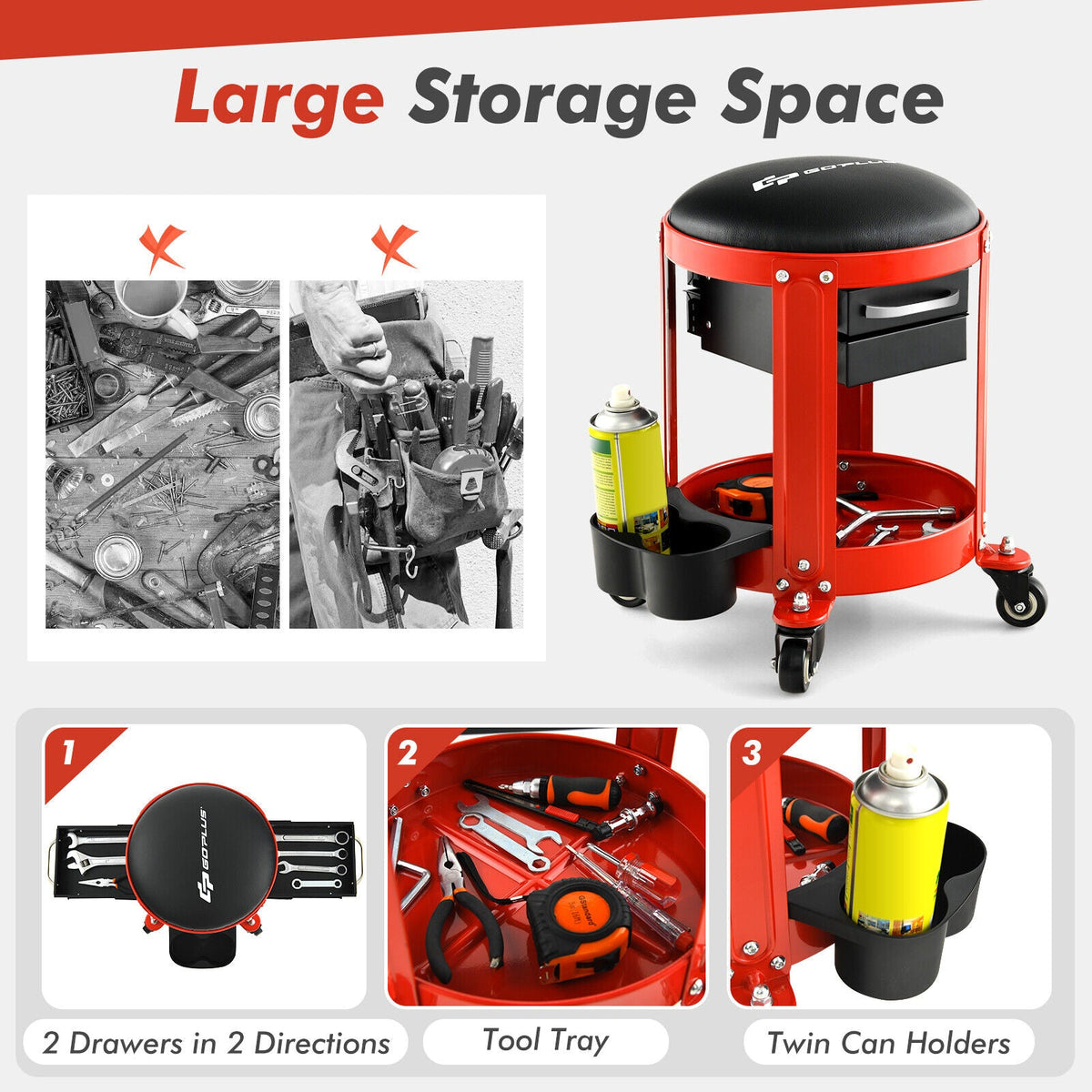 Rolling Mechanic Stool with Removable Padded Seat and Drawers