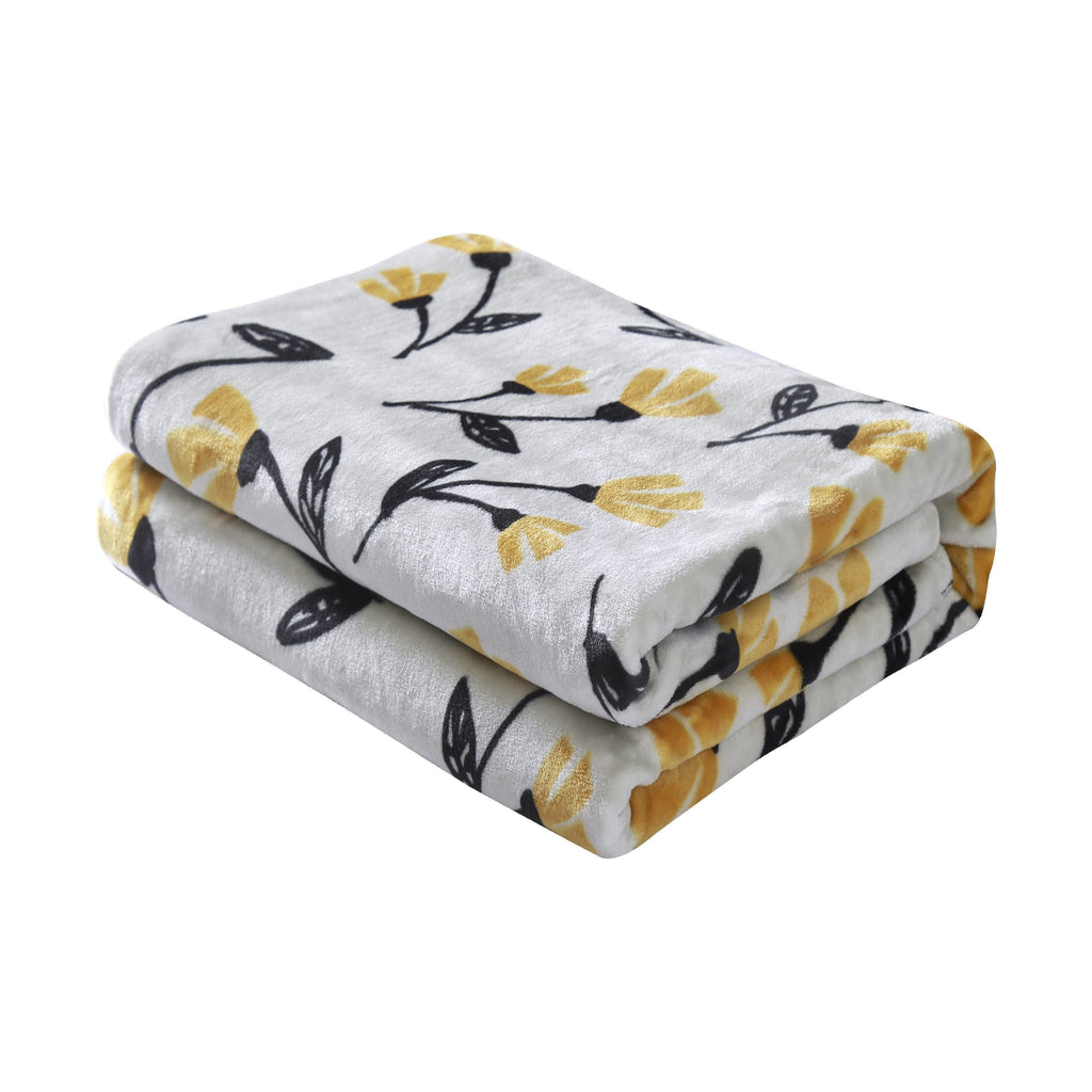 DaDa Bedding Soft Lightweight Fleece Throw Blanket, Yellow Fleur Floral Golden Orange Silver/Grey Background (XY1011)