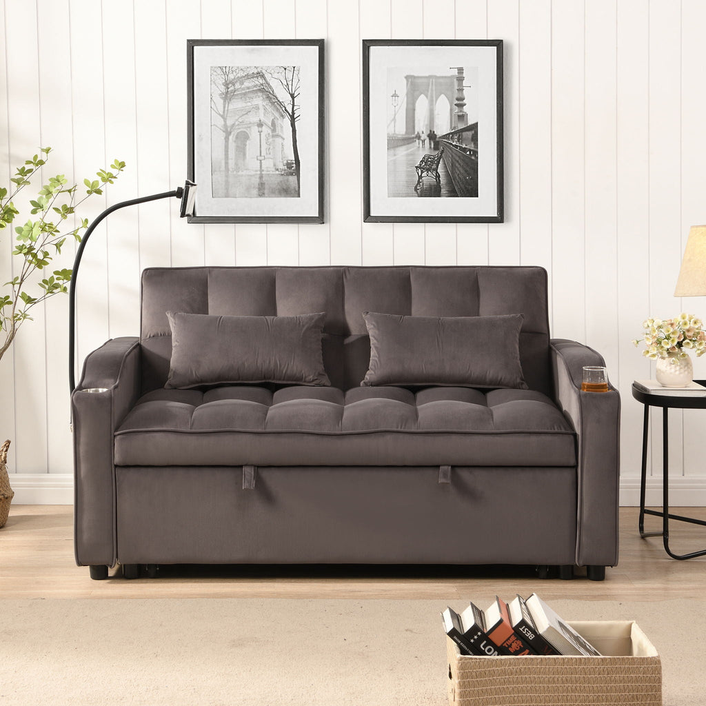 Modern Loveseat Futon Sofa With Pullout Bed, Adjustable Reclining Backrest, Toss Pillows