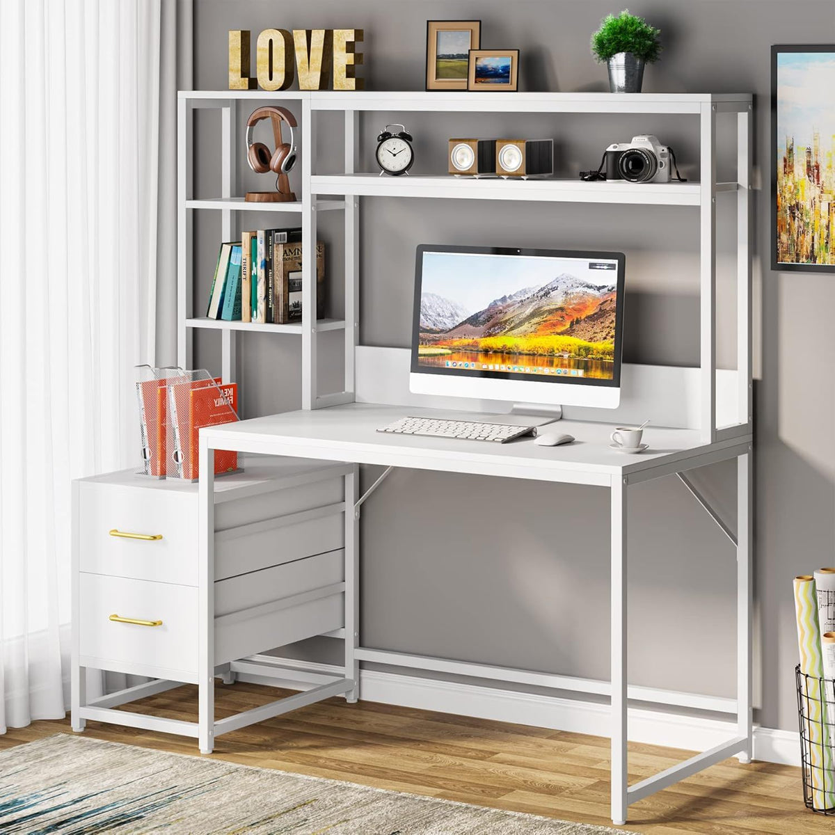 Computer Desk With Hutch, 2 Drawers & Open Shelves