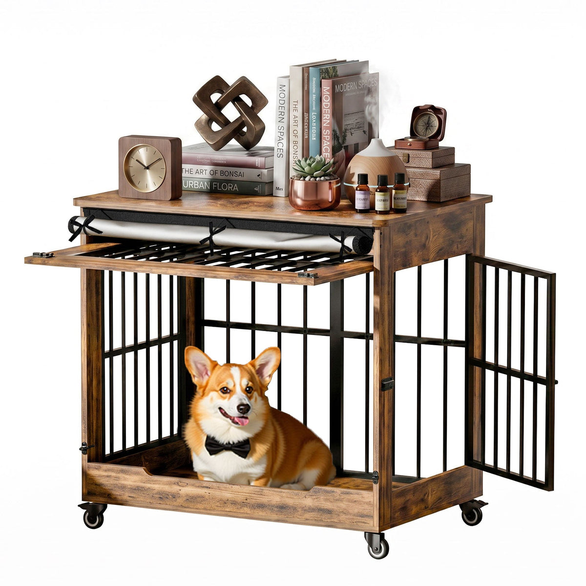 32in  Dog Crate Furniture, Double Door Wooden Indoor Dog Kennel Furniture, Decorative Pet Cage End Table With Wheels For Medium And Small Breed Dogs, Size M, Greige