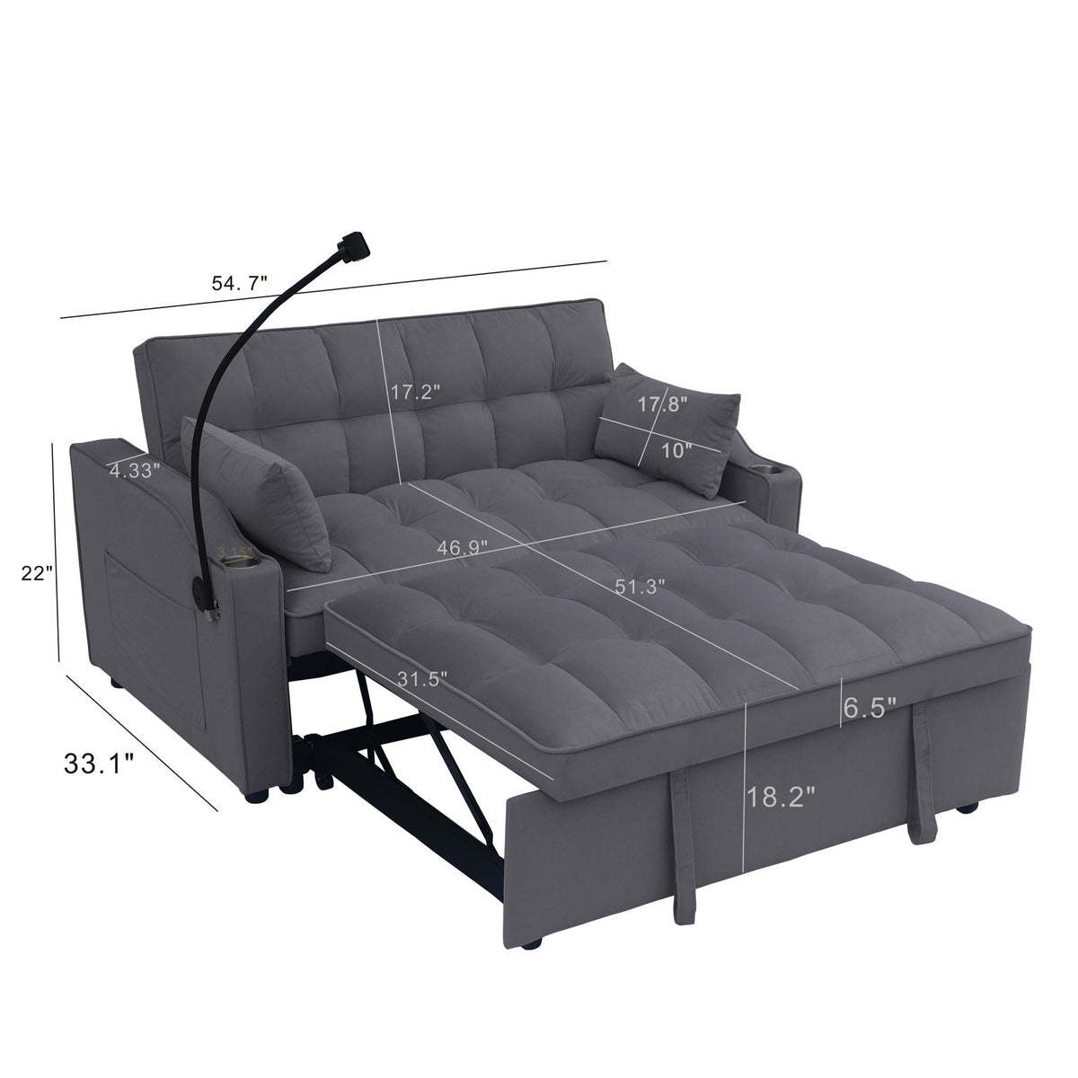 Modern Loveseat Futon Sofa With Pullout Bed, Adjustable Reclining Backrest, Toss Pillows