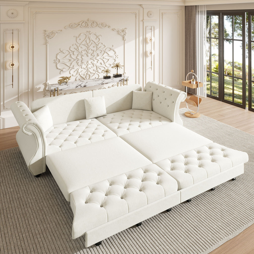 Oversized Chesterfield Pull Out Sofa Bed, Roll Arm Couch With Flower Tufting For Living Room