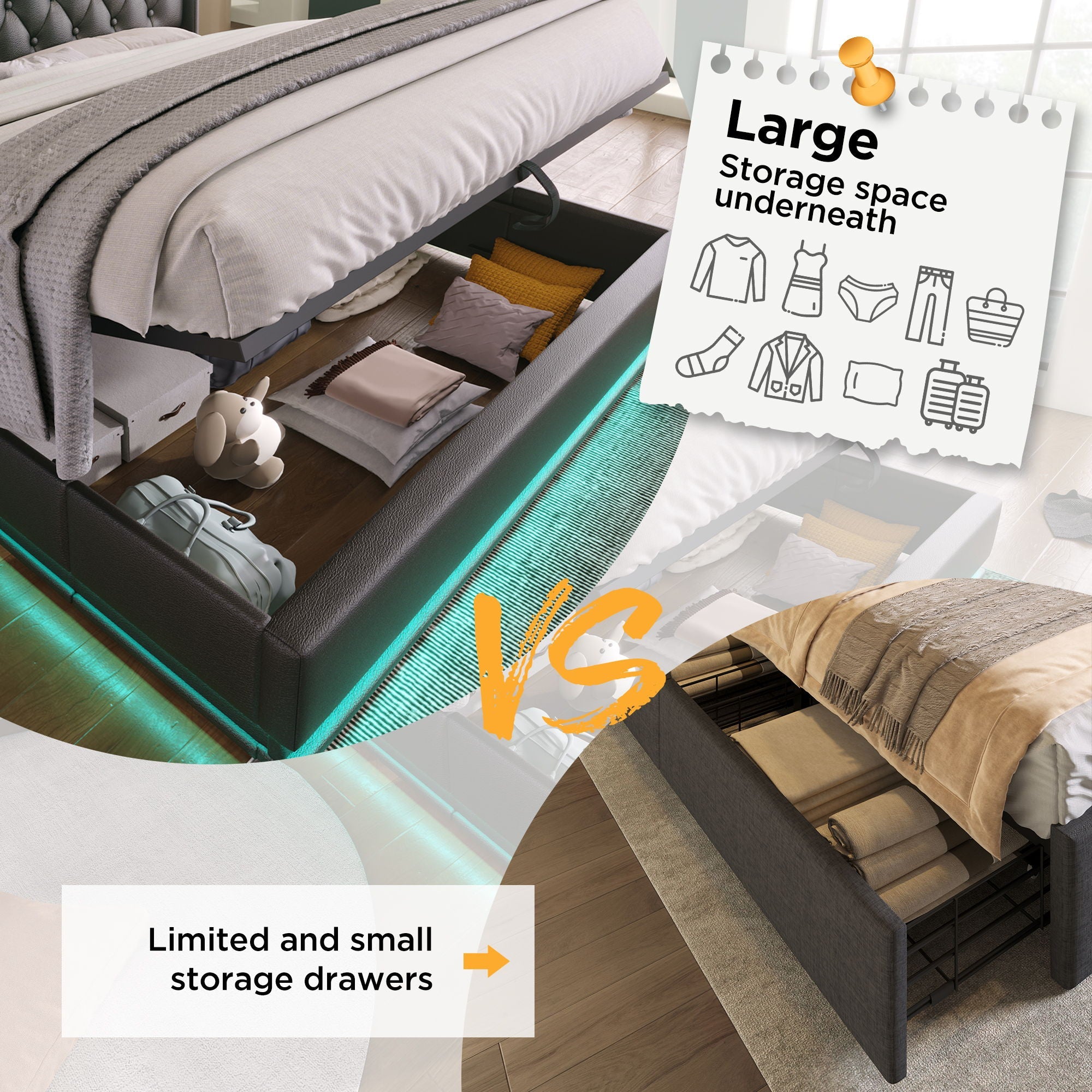 Upholstered Bed, 360 Surround LED Function, Remote Control, Hydraulic Storage Bed With USB, Type-C Charging (Without Mattress)