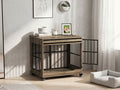 32in  Dog Crate Furniture, Double Door Wooden Indoor Dog Kennel Furniture, Decorative Pet Cage End Table With Wheels For Medium And Small Breed Dogs, Size M, Greige
