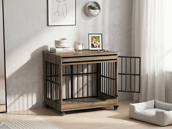 32in  Dog Crate Furniture, Double Door Wooden Indoor Dog Kennel Furniture, Decorative Pet Cage End Table With Wheels For Medium And Small Breed Dogs, Size M, Greige