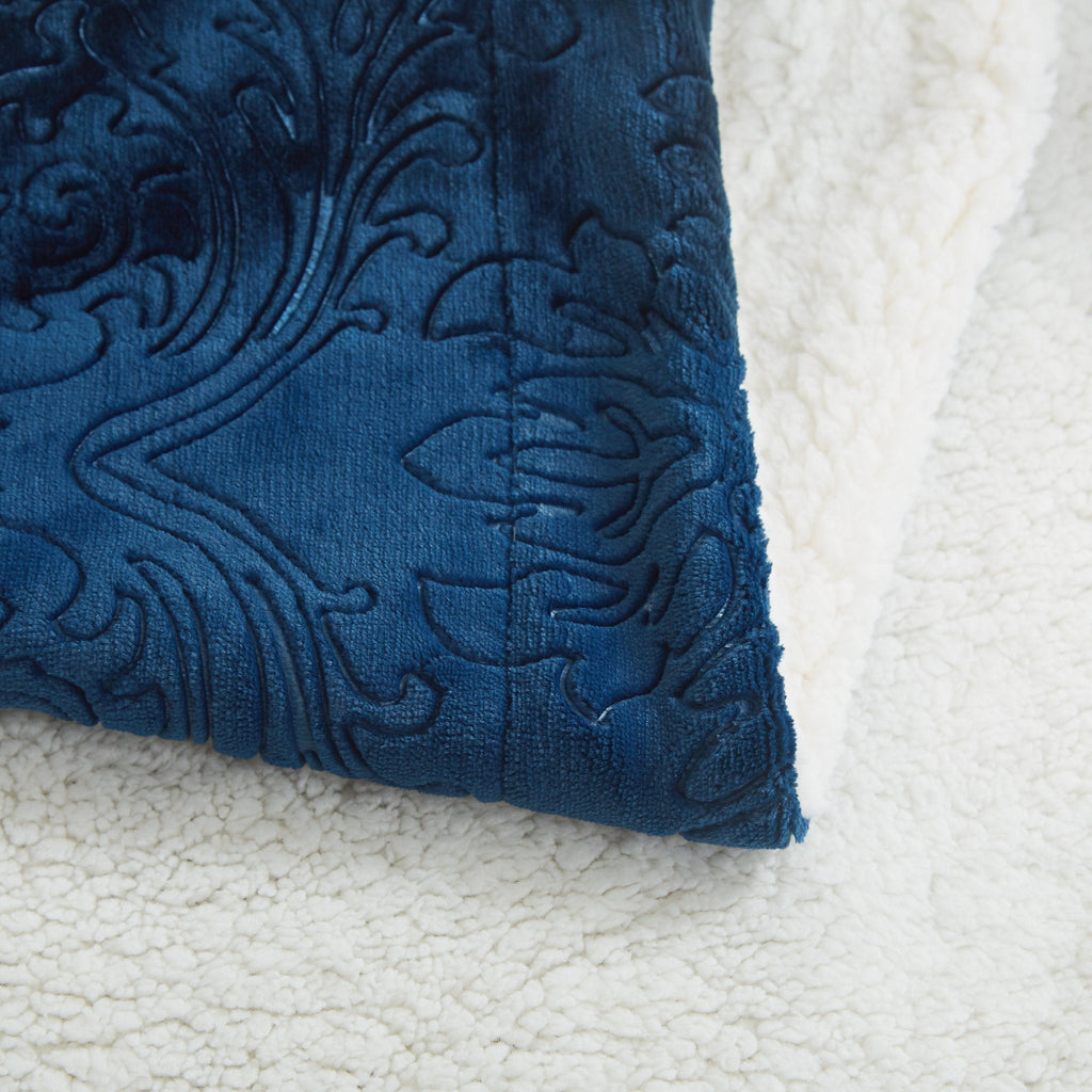 Tache Solid Embossed Cozy Night Blue Sherpa Throw Blanket (62093)