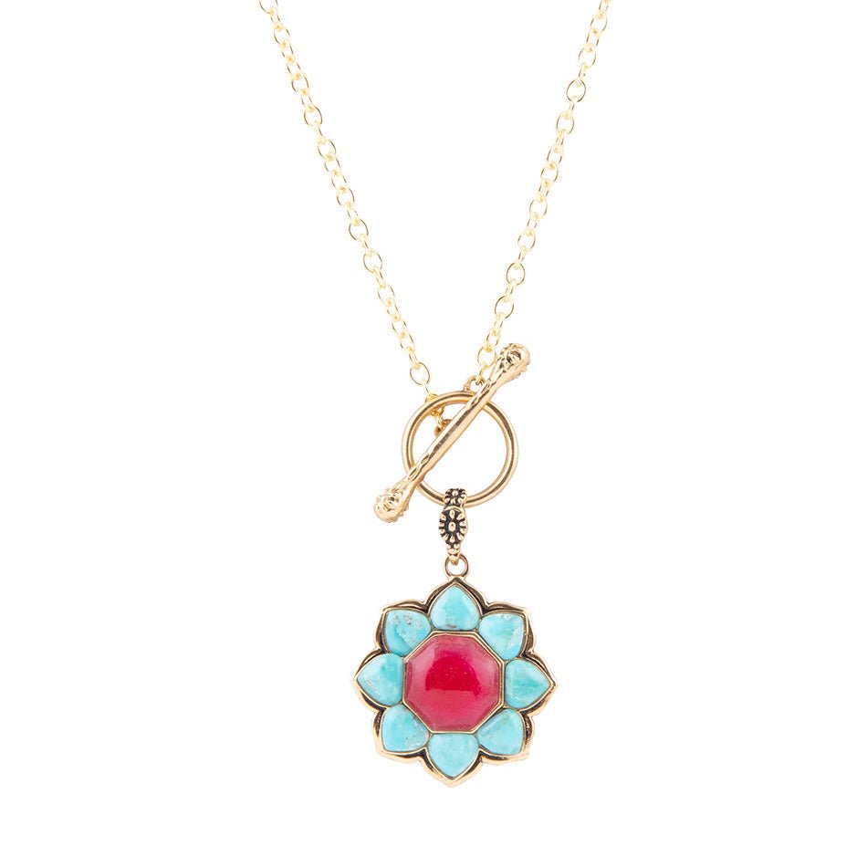 Blue Turquoise and Red Quartz Golden Chain Necklace