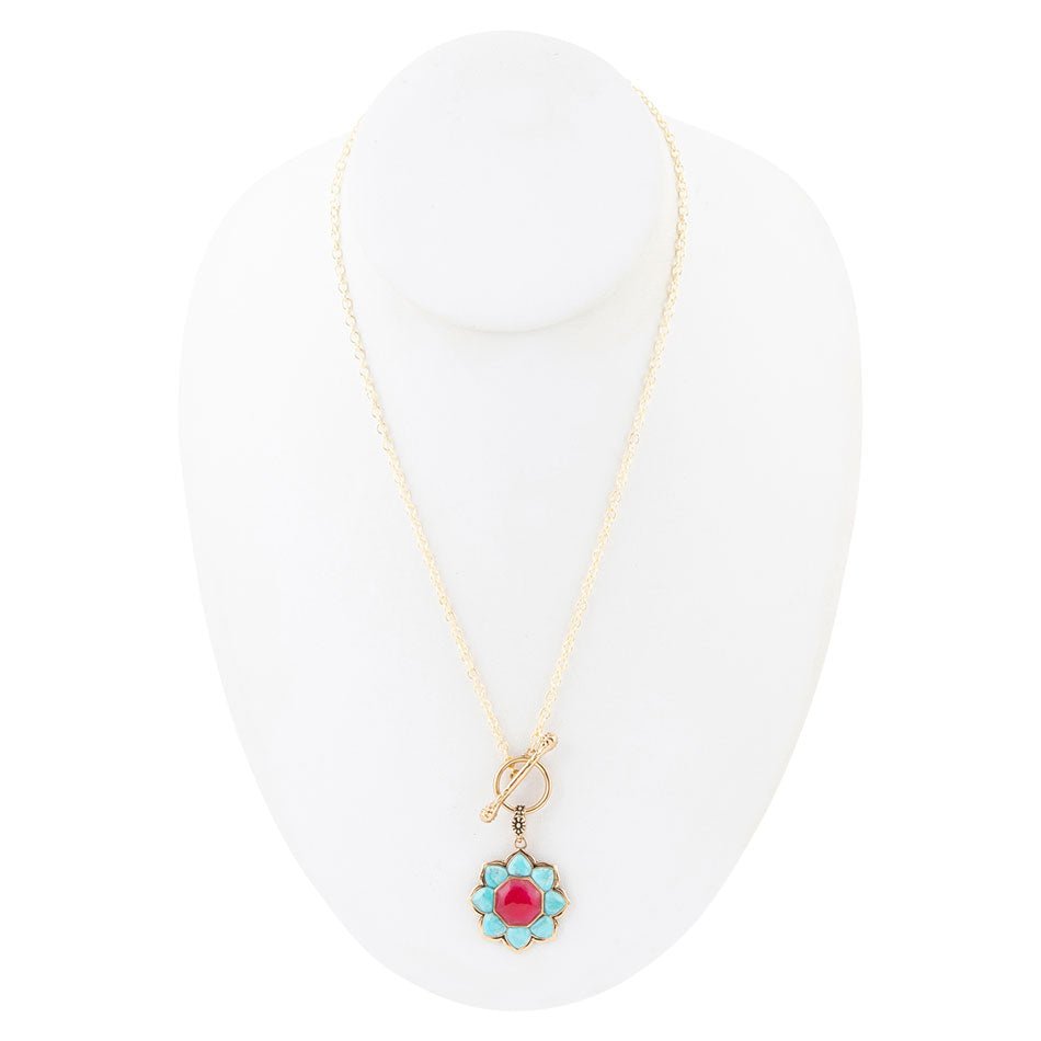 Blue Turquoise and Red Quartz Golden Chain Necklace