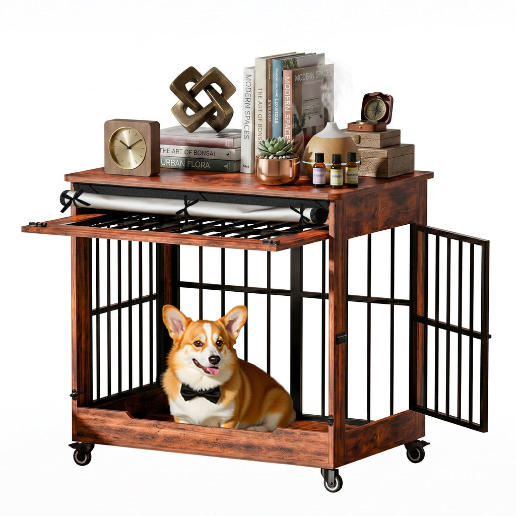 32in  Dog Crate Furniture, Double Door Wooden Indoor Dog Kennel Furniture, Decorative Pet Cage End Table With Wheels For Medium And Small Breed Dogs, Size M, Greige