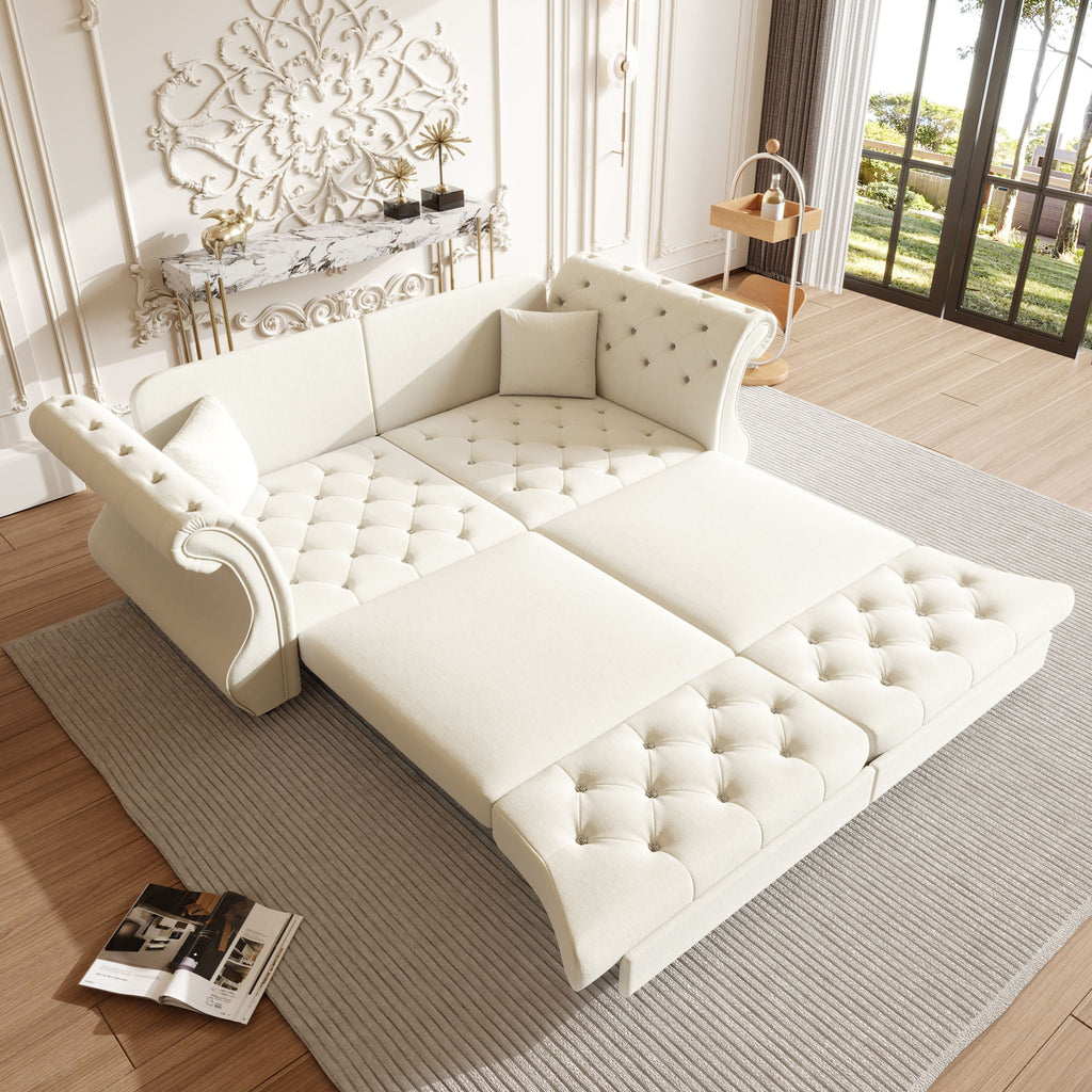 Oversized Chesterfield Pull Out Sofa Bed, Roll Arm Couch With Flower Tufting For Living Room