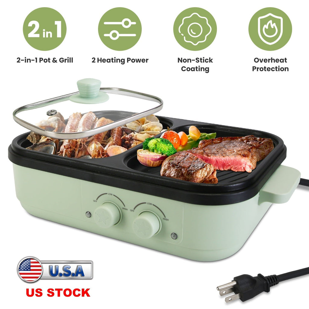 Electric Hot Pot with Grill 2-in-1 Hot Pot and Frying Pan Portable Non-Stick Pot and Griddle Electric Cooker Pot with Glass Lid Fast Heating for 1-2 P
