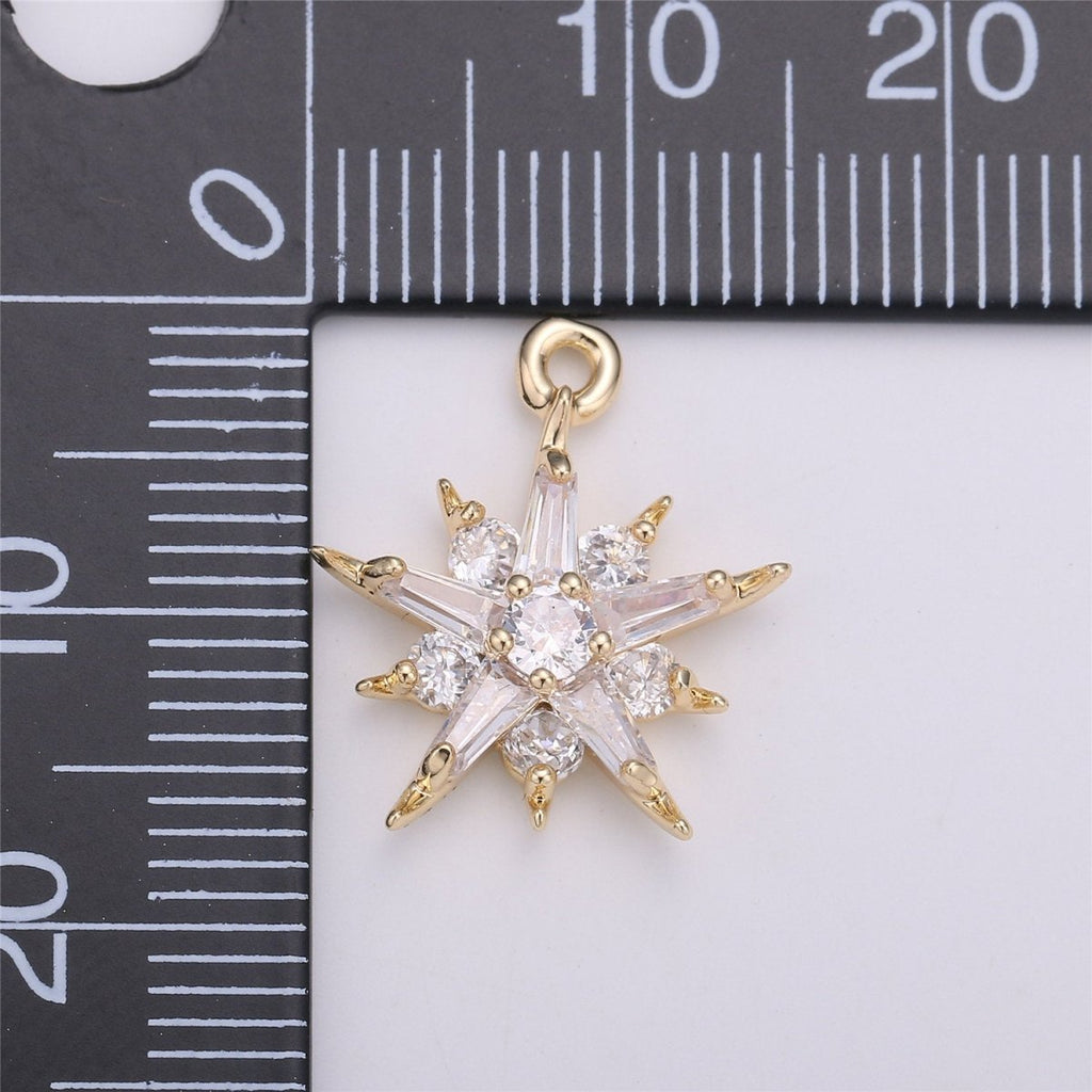 Dainty Baguette Star flower Pendant Charm Pave Snowflake Charm in 14k Gold Filled Charm for Necklace Bracelet Earring Jewelry Making Supply C-522