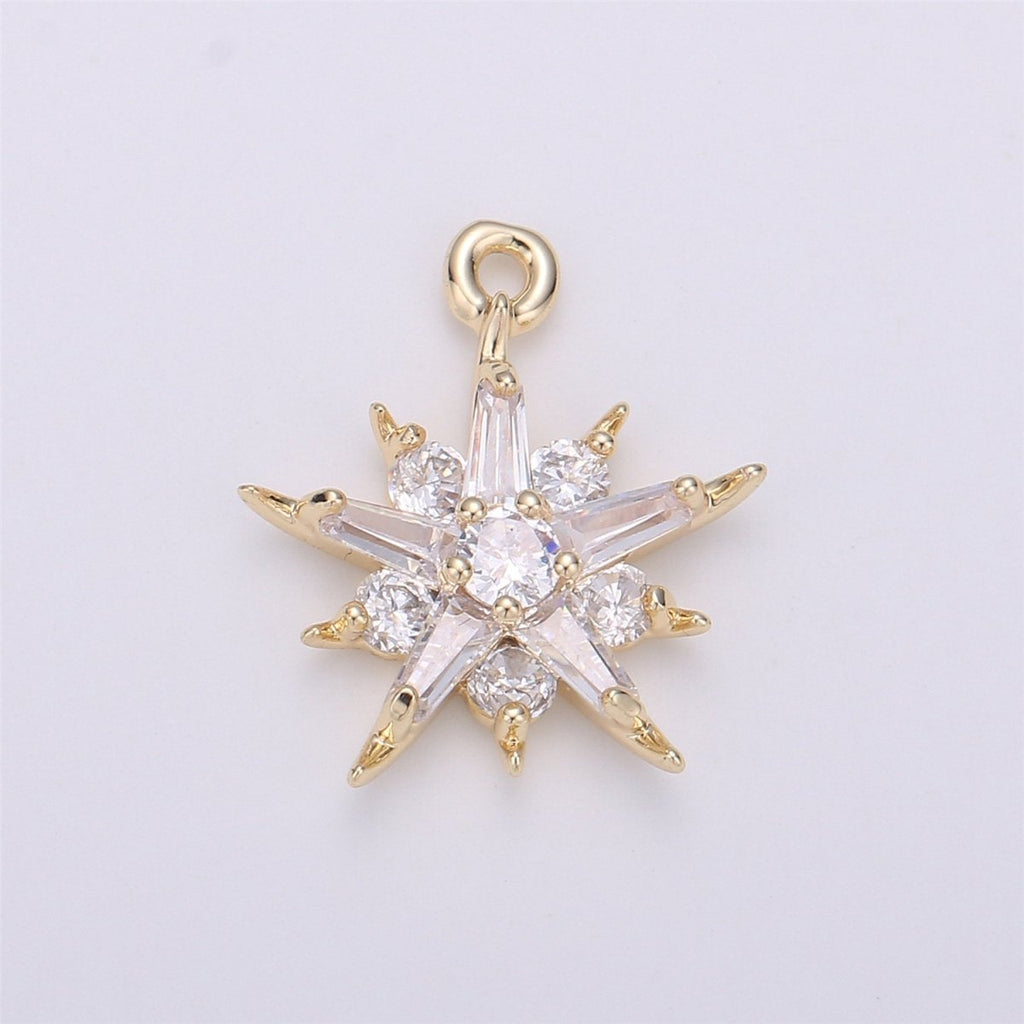 Dainty Baguette Star flower Pendant Charm Pave Snowflake Charm in 14k Gold Filled Charm for Necklace Bracelet Earring Jewelry Making Supply C-522