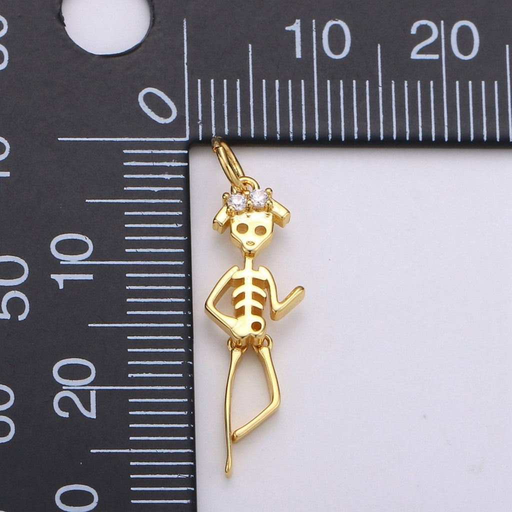 Day of the Dead Charm - Dia de los Muertos Pendant - Miniature Skeleton Gold Skull Charm for Halloween Necklace Jewelry Supply D-684 D-691