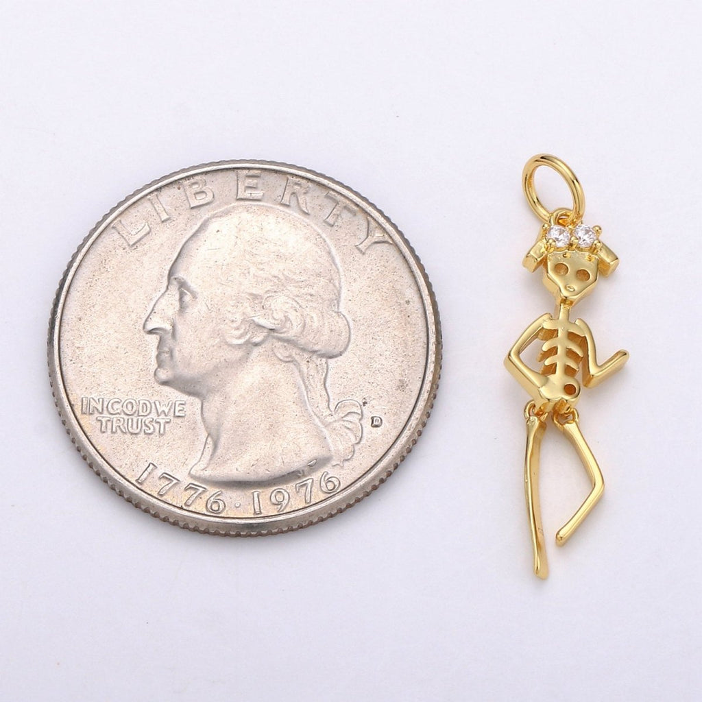 Day of the Dead Charm - Dia de los Muertos Pendant - Miniature Skeleton Gold Skull Charm for Halloween Necklace Jewelry Supply D-684 D-691