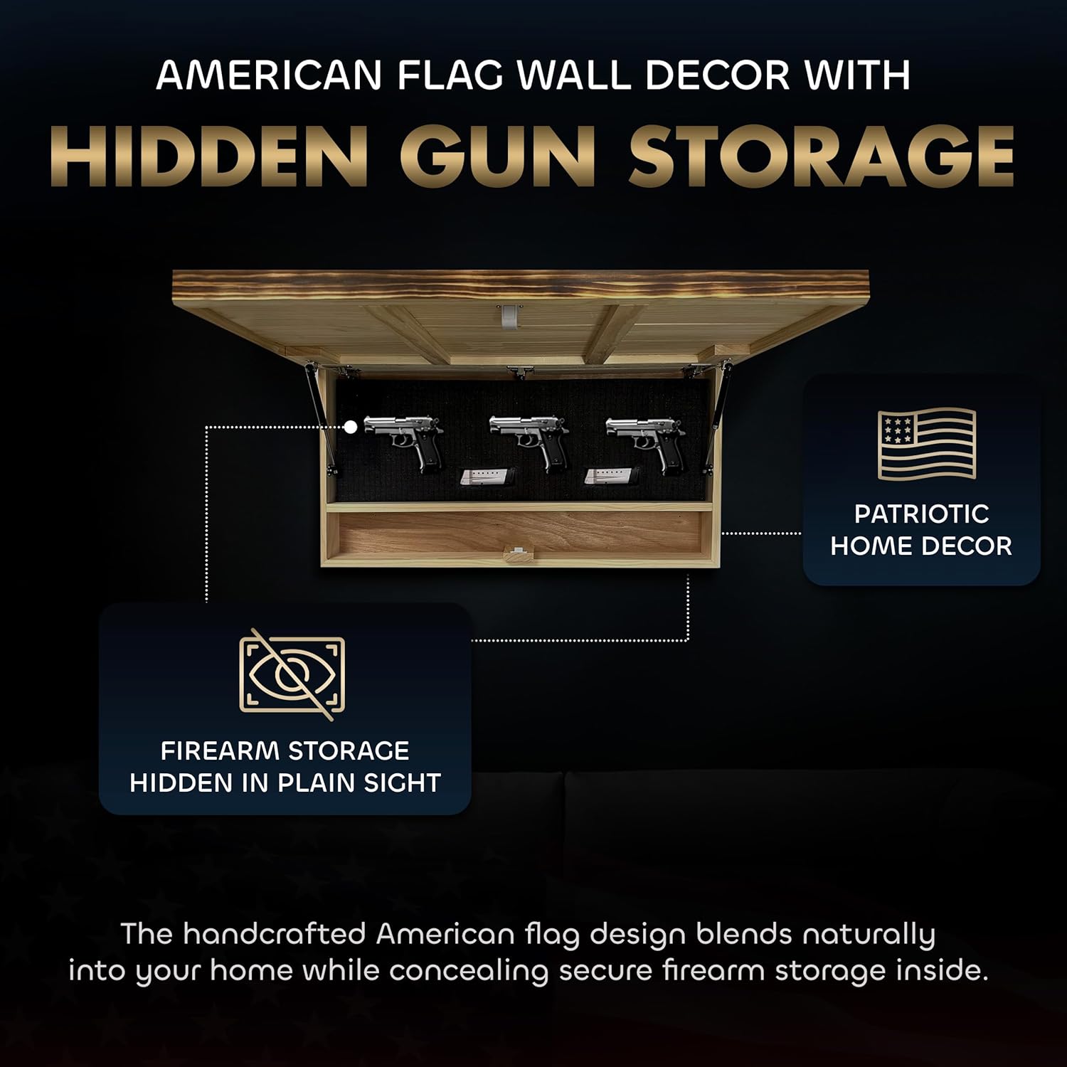 American Flag Challenge Coin Display and Hidden Gun Cabinet, Military Coin Holder Holds 100 Coins and is Ready to Hang, Large US Flag Patriotic Art 38.5" x 19.5"