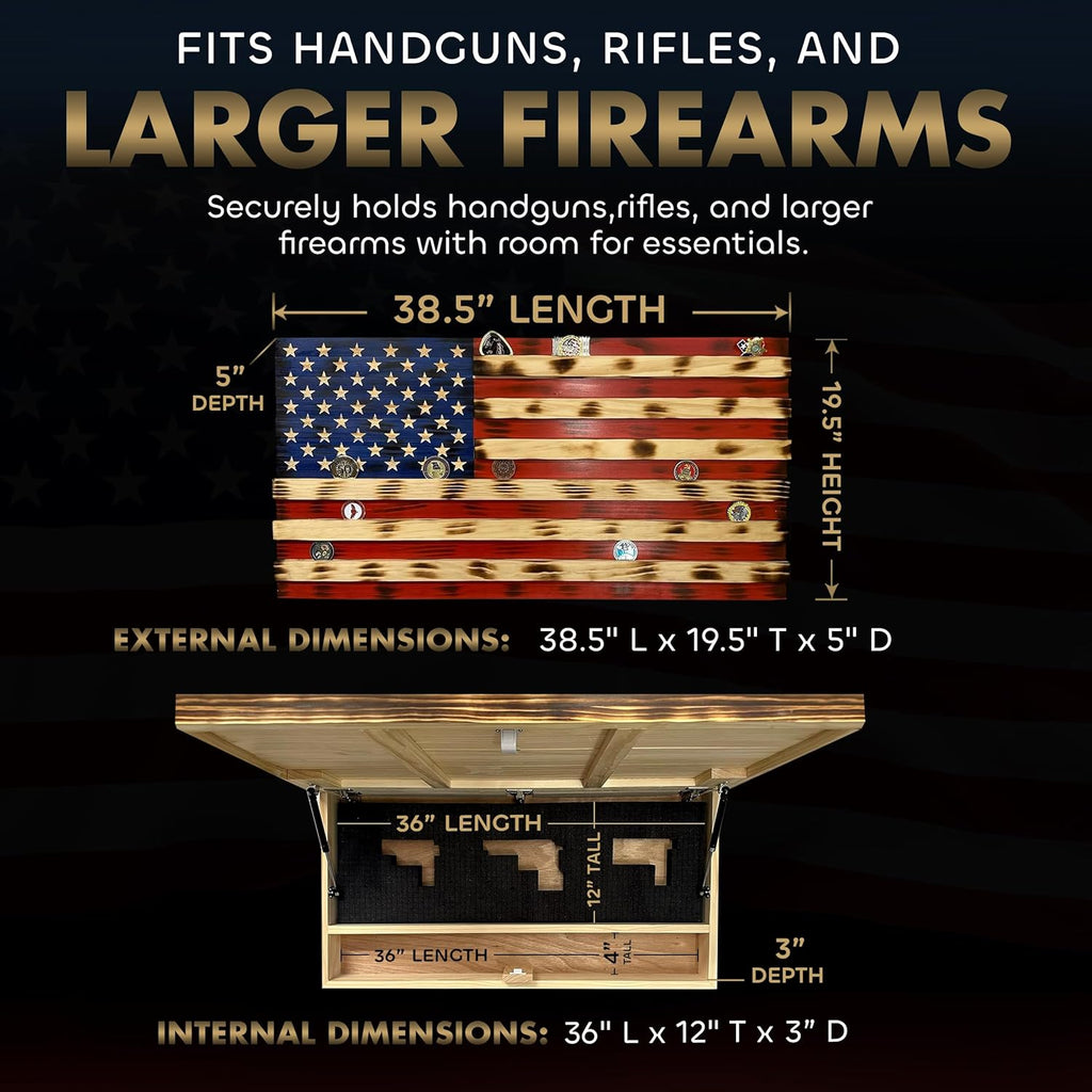 American Flag Challenge Coin Display and Hidden Gun Cabinet, Military Coin Holder Holds 100 Coins and is Ready to Hang, Large US Flag Patriotic Art 38.5" x 19.5"
