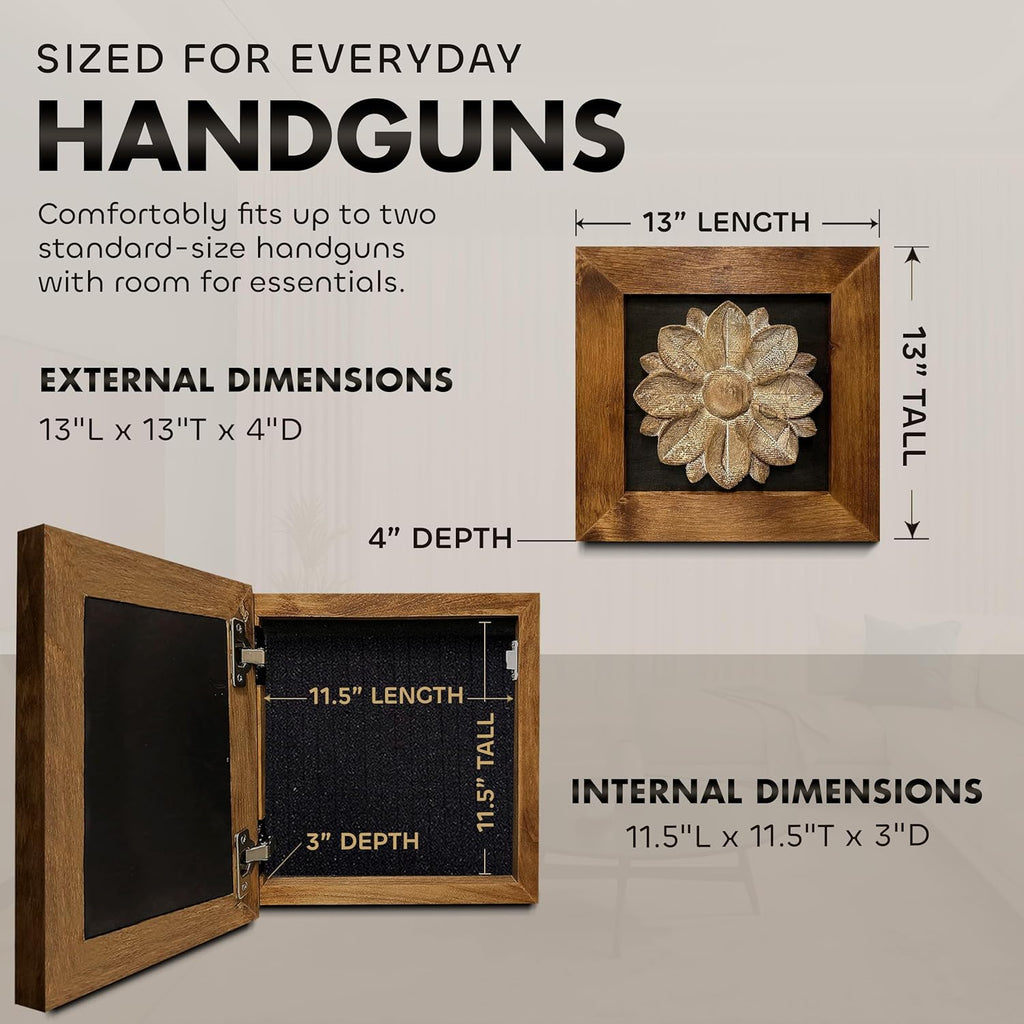 Wild Flower Hidden Gun Storage Wall Decor - Handcrafted Gun Concealment Furniture - Quick Access Handgun Safe with Magnetic Lock - Secure Hidden Wall Safe - USA Made (Black)