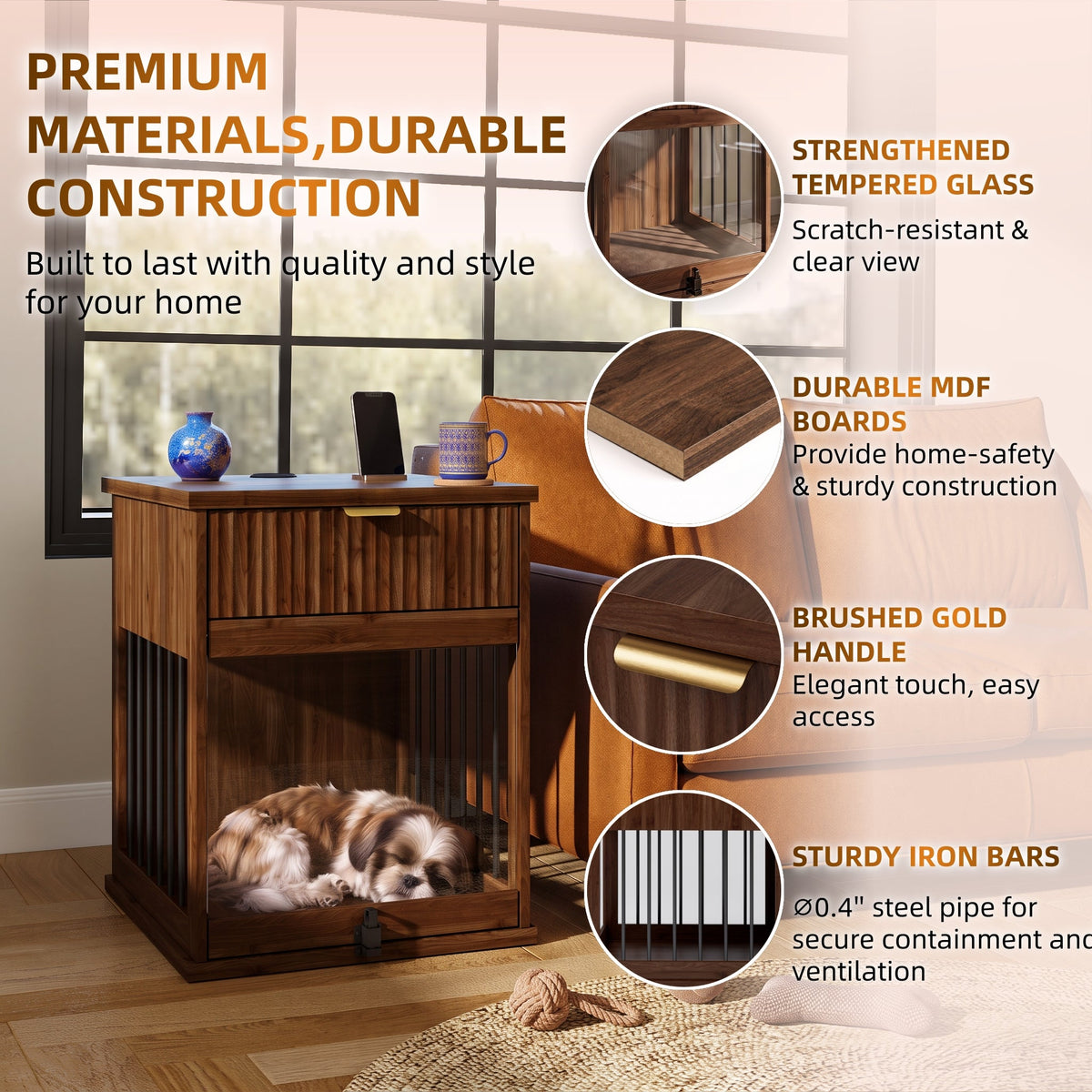 Dog Crate End Table with Charging Station and Storage