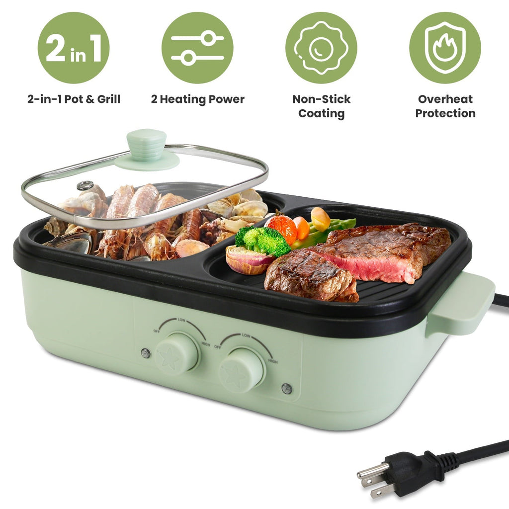 Electric Hot Pot with Grill 2-in-1 Hot Pot and Frying Pan Portable Non-Stick Pot and Griddle Electric Cooker Pot with Glass Lid Fast Heating for 1-2 P
