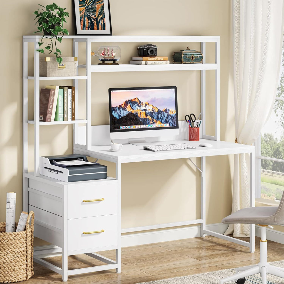 Computer Desk With Hutch, 2 Drawers & Open Shelves