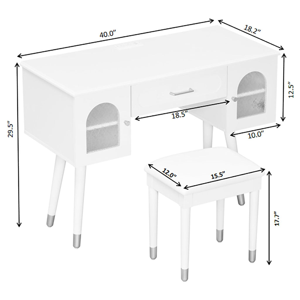 Elegant Vanity Makeup Table & Chair Set Modern Dressing Table With Organizer Writing Desk Charging Port Engineered Wood - White
