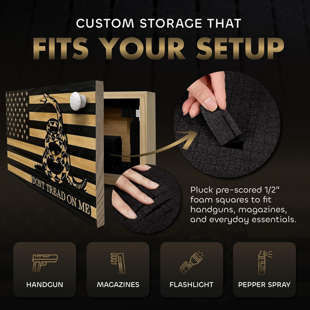 Dont Tread on Me Concealment Shelf - Quick Access Patriotic Hidden Gun Storage with Magnetic Lock - Safe & Secure Gun Concealment Furniture (Stripes)