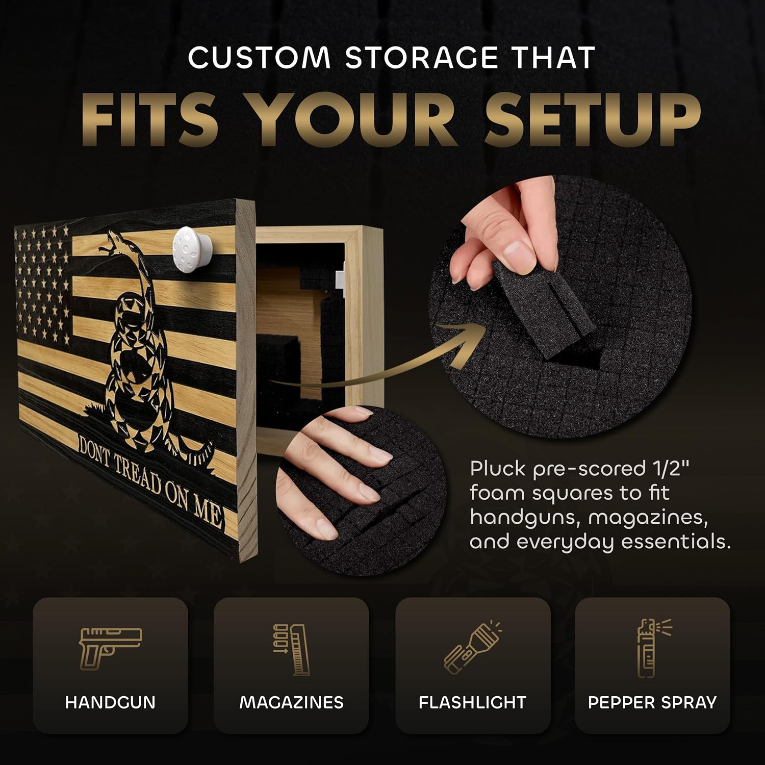 Dont Tread on Me Concealment Shelf - Quick Access Patriotic Hidden Gun Storage with Magnetic Lock - Safe & Secure Gun Concealment Furniture (Stripes)